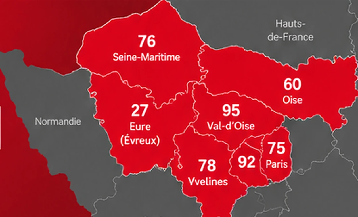 Carte illustrative des sept départements d’intervention Ouvr’Toit, avec Paris et l’Eure en rouge